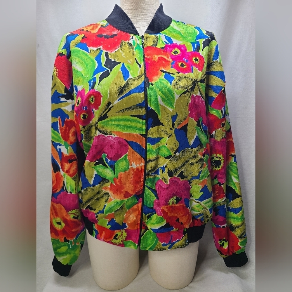 VTG 80's Inspired Retro Alia Floral Bomber Jacket Size Medium Women's